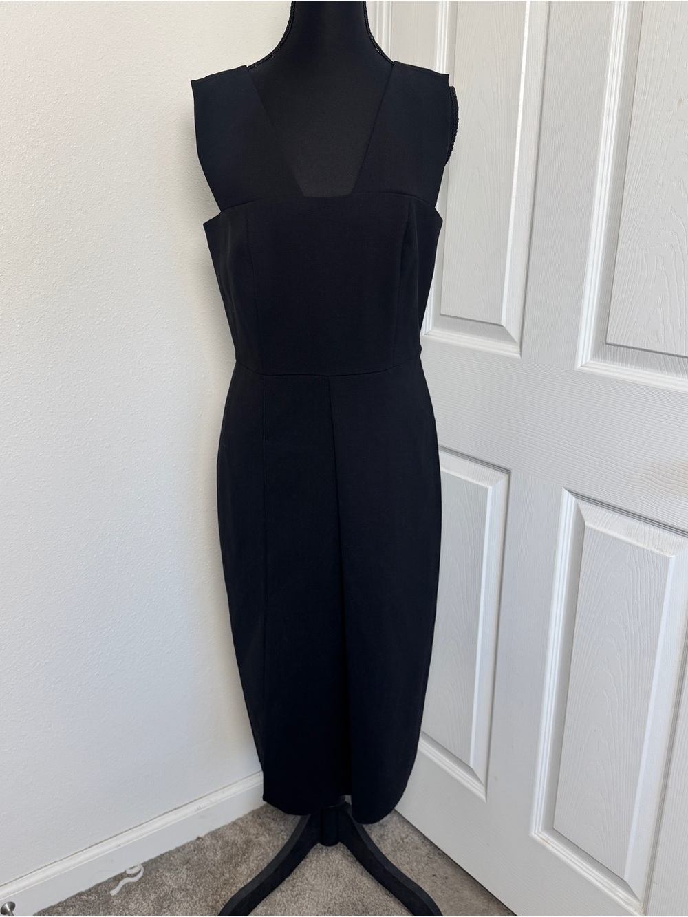 Lewit Black Wool Corset Back Sheath Dress Size 6 Square Neck Midi Slit - Picture 2 of 5